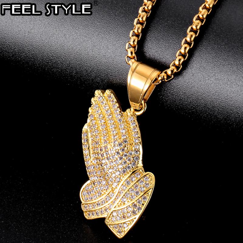 

Pendant Necklaces HIP Hop Stainless Steel Full Rhinestone Necklace Gold Color Prayer Hand Shape Necklaces&Pendants For Men Jewelry