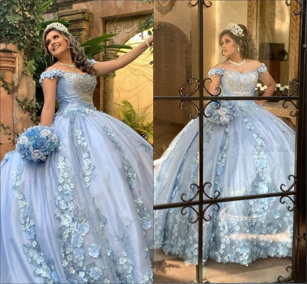 

2022 Bahama Blue Prom Quinceanera Dresses Floral 3D Flowers Applique Crystal Beaded Ball Gowns Off Shoulder Sweet 16 Girls Adult, Silver