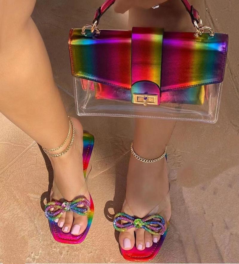 

Neon Jelly Purses And Slide Set Rainbow Bow Flip-flops Handbags Rhinestone Flat Slipper Bag Fashion Shoes Chanclas Mujer Slippers