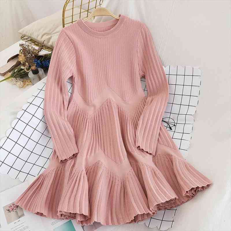 

Striped Pleated Mini Autumn Winter Womens Dress Loose Casual Pink Knitted Sweater Ball Gown O Neck Long Sleeve Party X438, Black;gray