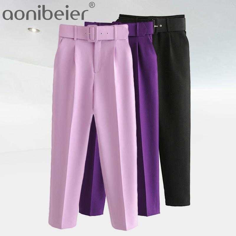

Elegant Career Pant Office Lady High Waist Straight Pants Belt Casual Ankle Length Women Trousers Suit Sashes Pockets 210604, Purple
