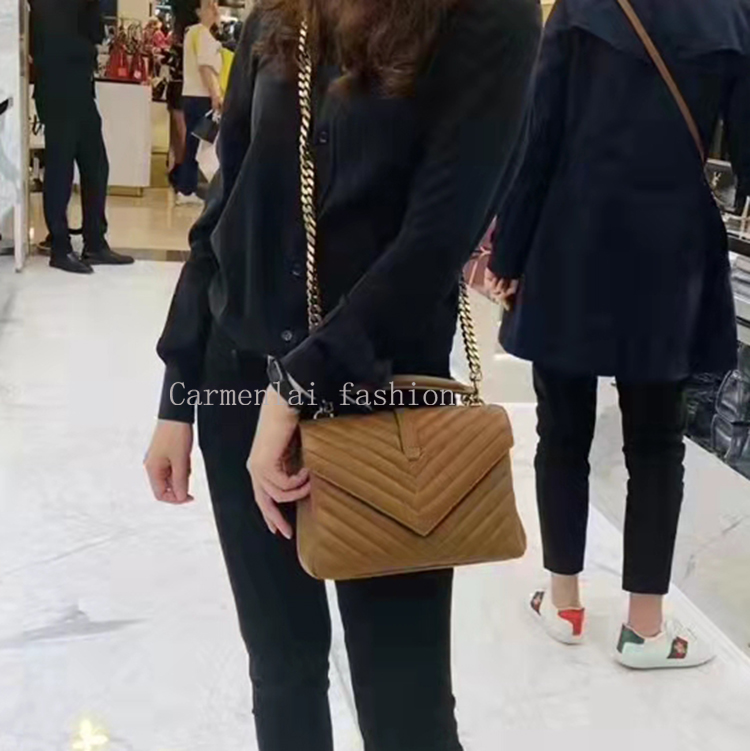 

Street style durable classic COLLEGE MEDIUM tote crossbody bag soft fabric vintage casual genuine leather flap chain purses shoulder women hand bags, Black with gold chain