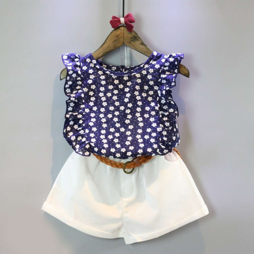 

Boys and girls suits Children's wear summer girls' floral sleeveless T-shirt Shorts Set belt 1128, White