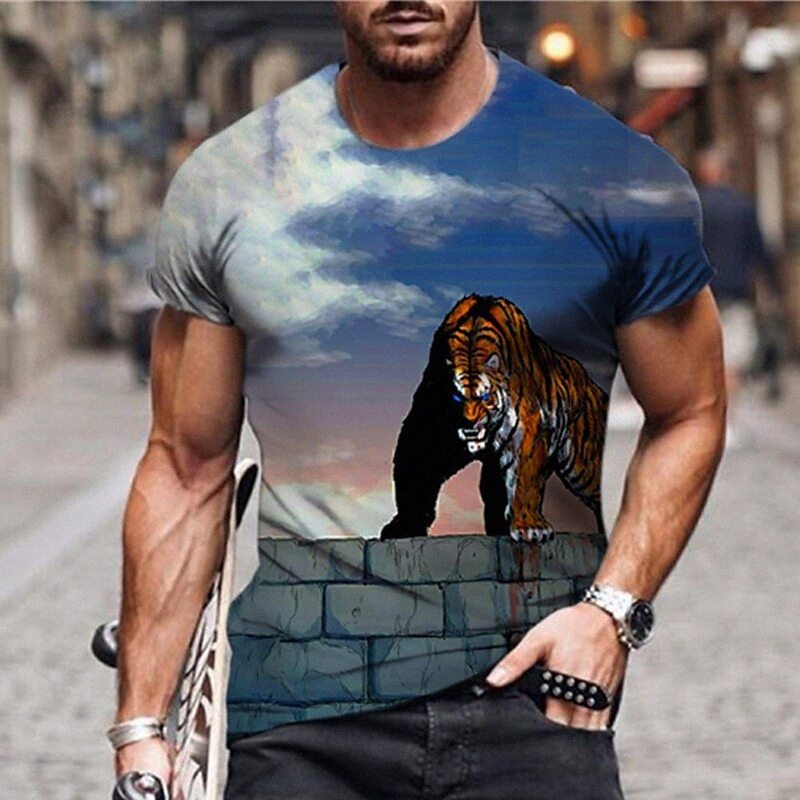 Men's Unisex T shirt 3D Print Graphic Prints Tiger Crew Neck Street Daily Print Short Sleeve Tops Casual Designer Big and Tall Sports Blue Z