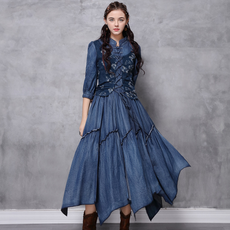 

Johnature Women Vintage Patchwork Denim Dresses Irregular Autumn Stand High Waist Female Clothes Chinese Style Dresses 210521, Denim blue