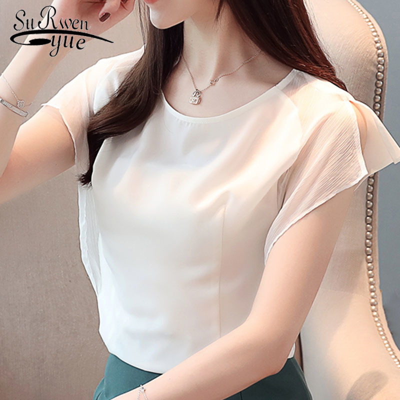 

Women casual blouse and top summer fashion Lady chiffon short shirts O neck womens tops  3952 50 210521, White