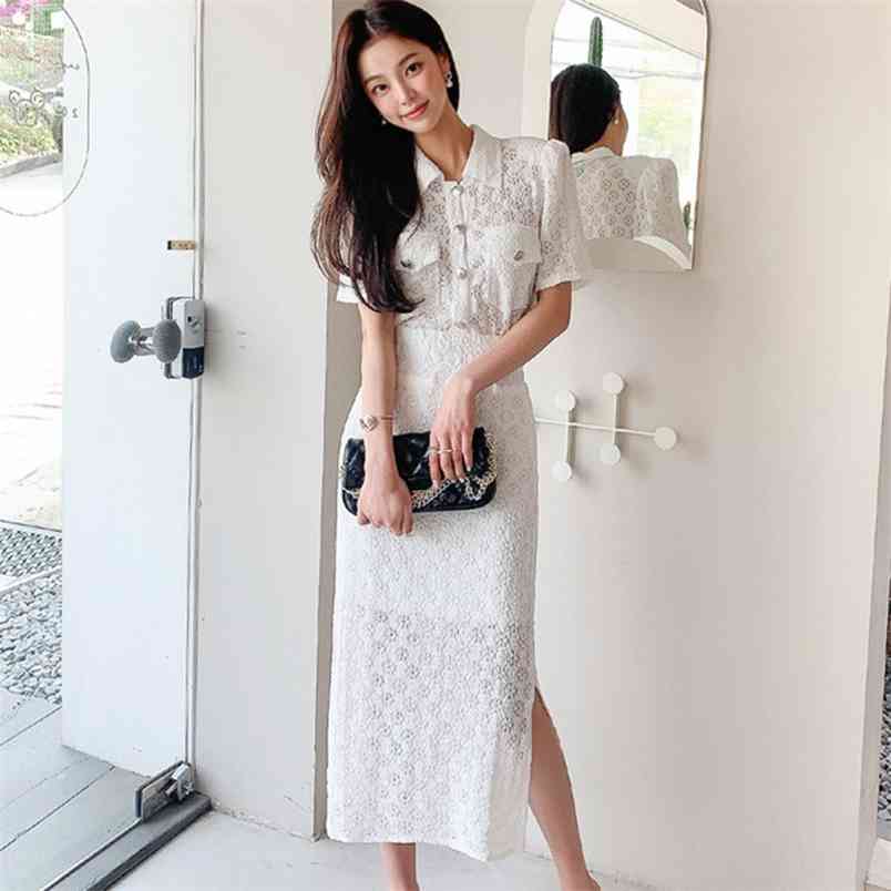 

Summer Women 2 Piece Set Elegant White Lace Embroidery Shirt Tops + High Waist Bodycon Sexy Split Skirt Outfits 210519