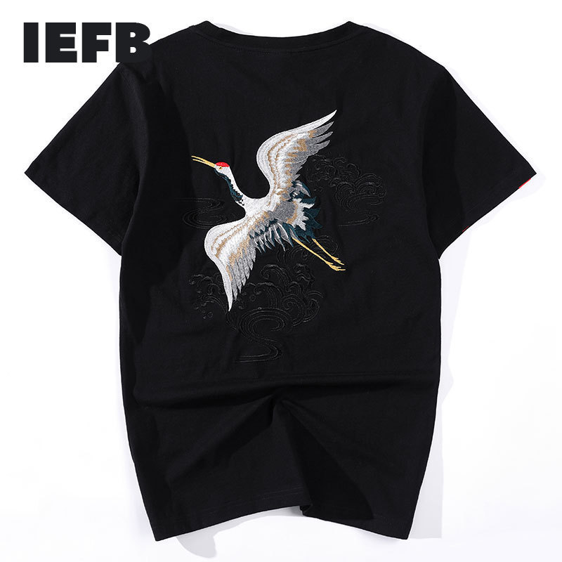 

IEFB Summer Embroidery Crane Cotton Round Neck China Style T-shirts For Men Fashion Loose Short Sleeve Tee Tops 9Y5865 210524, Black