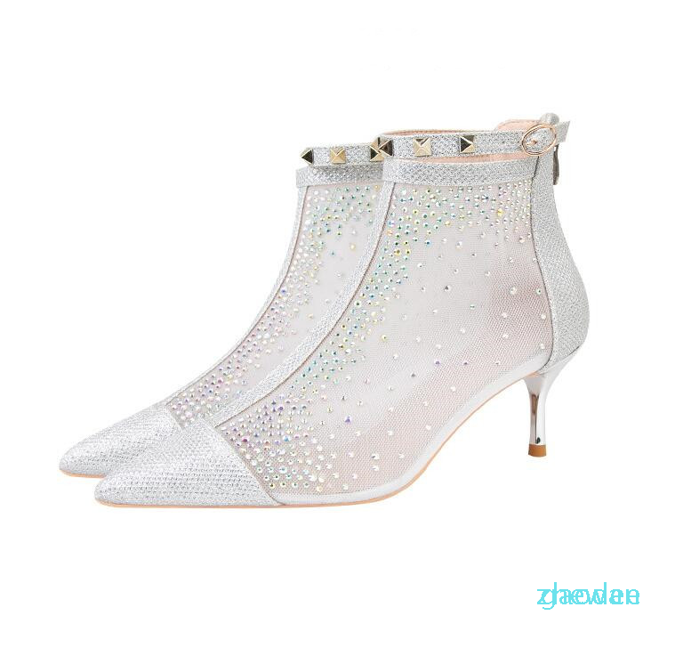 

designer Woman's Leather shoes Lace up Ribbon belt buckle ankle boots factory direct female rough heel round head autumn winter, Silver