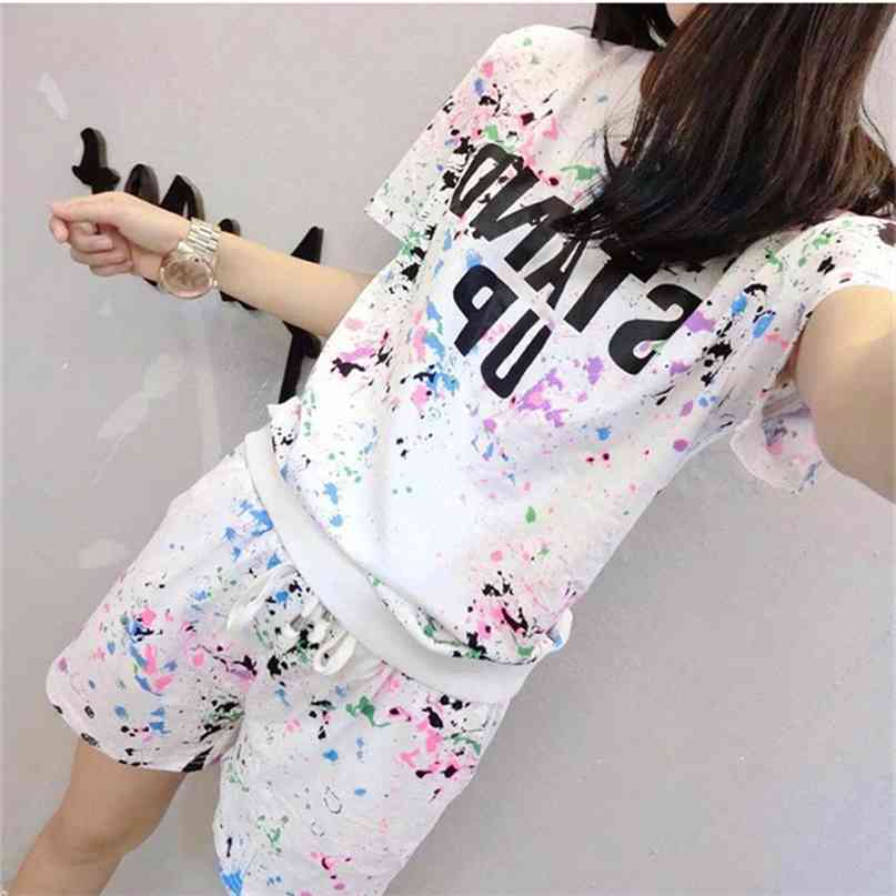 

Summer Women Set Short Sleeve Printed T Shirt + Shorts Sweat Suits Tracksuits Camouflage Two Piece s 210607, Blue