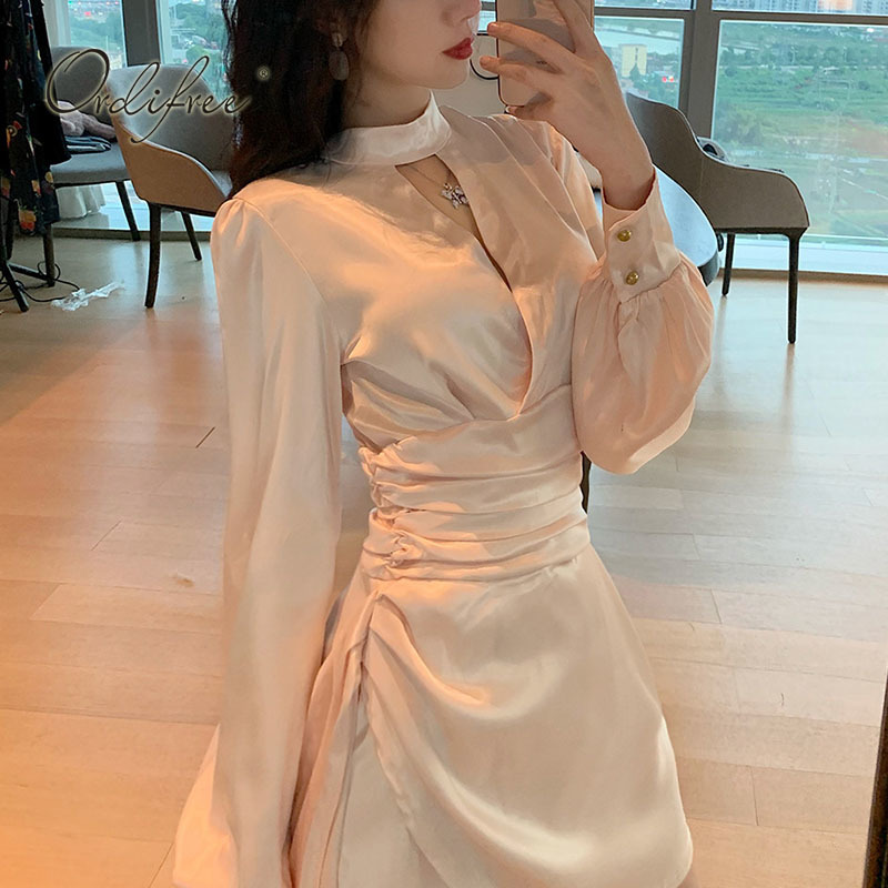

Party Dress 210415 Satin Mini Long Sleeve Draped Shiny Silk Elegant Lady Sexy Short Spring Summer Women, Black;gray