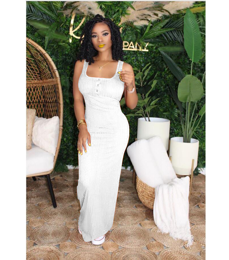 

2021 New Dresses Casual Sleeveless Button Design Midi Dress Ladies Sling Sweater Women Long skirt, Black;gray