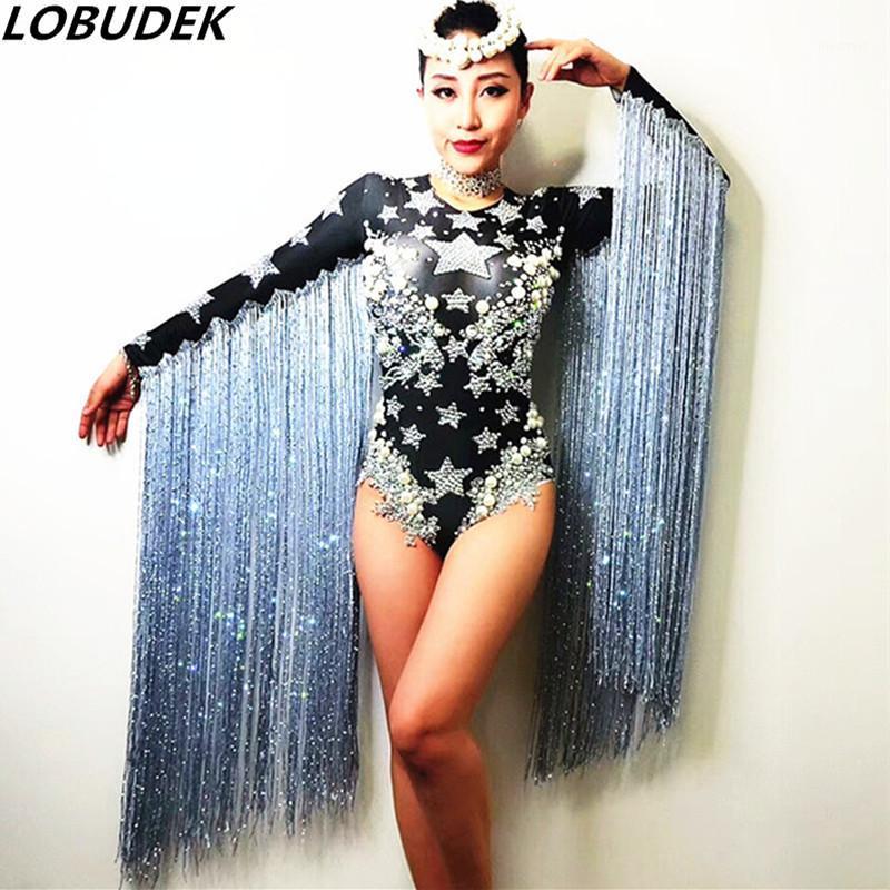 

Fashion Silver Rhinestones Long Tassels Bodysuit Star Printed Catsuits Sexy Women Nightclub Bar DJ Singer Models Catwalk Costume Women' Jum, Jumpsuit only