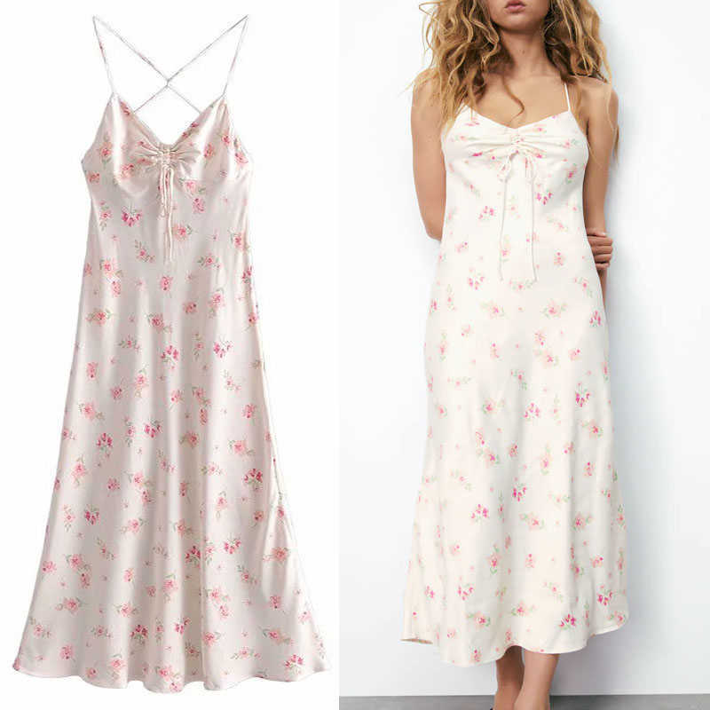 

Za Print Backless Sexy Long Dress Women Sleeveless Cross Straps Ruching Summer Dress Fashion Back Zip Woman Pleat Party Dress 210602, As picture