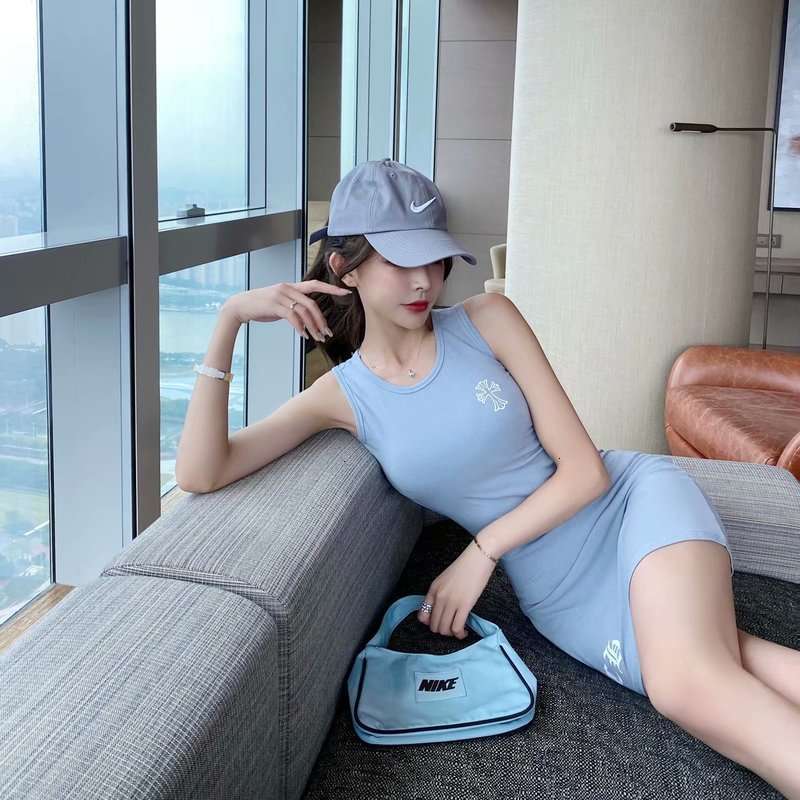 

Casual A-line print Dresses buttock waistcoat dress in summer, Light blue