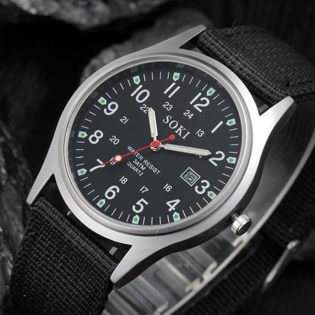 

Wristwatches The Mens' Watches Military Men's Date Canvas Band Stainless Steel Sport Quartz Wrist Watch Casual Male Clock Relogio Masculino, Black
