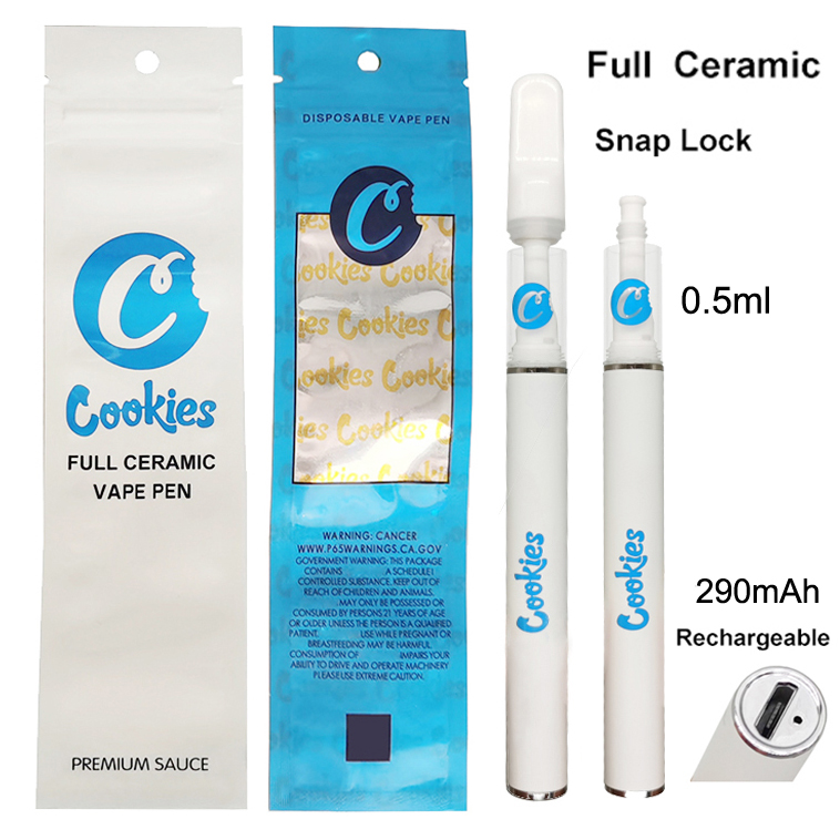 

Cookies Full Ceramic Rechargeable Disposable Vape Pens E-cigarettes .5ml Snap Lock Glass Tanks 290mAh Vapes Battery Thick Oil Cartridges Lea