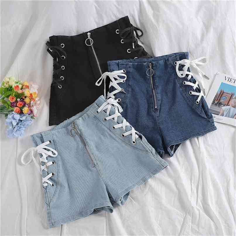 

Spring Autumn Women Jeans Shorts Tie High Waist Denim Female Casual Black Student All Match Skinny 1782 210722, Dark blue