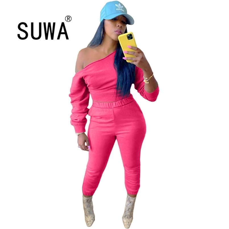 

Women Tracksuit 2 Piece Set One Word Collar Long Sleeve Top Tunic High Waist Pants Sweatpants Wholesale Sexy Club Outfits 210525, Pink