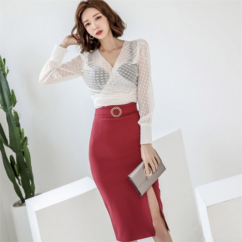 

Elegant OL Style 2 Pieces Set V-Neck White Bow Chiffon Blouse & High Waist Pencil skirt Spring Office Ladies Women 210519, Photo color
