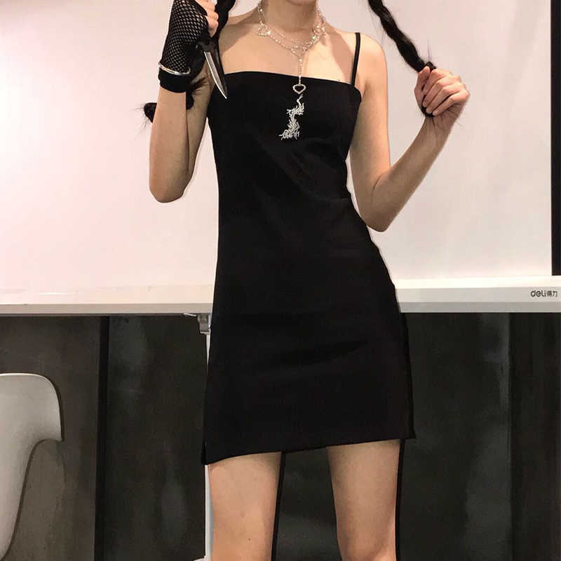 

Summer Harajuku Punk Women Casual Fashion Slim Sling Goth Dragon Print Short Vintage ins Ulzzang Sexy Party Dress 210608, Black