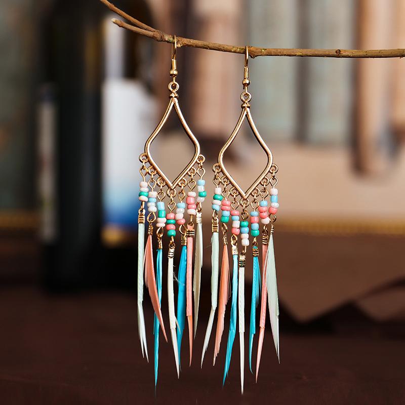 

Hoop & Huggie Jewelry Seven Colors Rice Bead Tassel Feather Earrings Women Bohemian Court Earring European And American