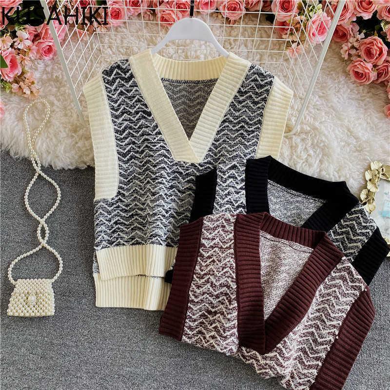 

KUSAHIKI Hit Color Patchwork Sweater Vest Causal V-neck Sleeveless Knitted Pullovers Spring Korean Knitting Vests 6E492 210602, White