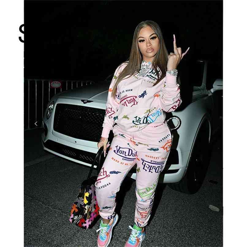

Cool Girl Women Pink Clothes Letter Printed Hoodies Sweatshirt And Trousers Sweatpants 2 Piece Outfits K-Pop Style Streetwear 210525, Multi
