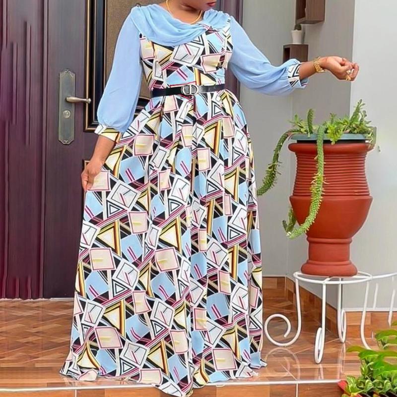 

Ethnic Clothing 2021 Elegant Lady Evening Dresses Dubai Women African Print Half Sleeve Chiffon With Belt Long Dress Robe