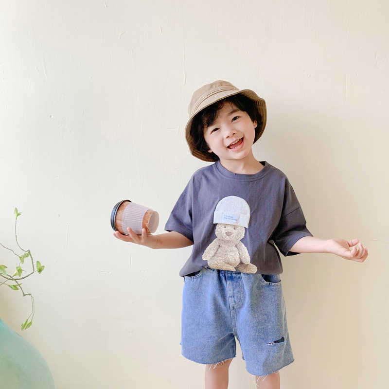 

Korean style boys cute cartoon animal printing T shirts kids 4 colors short sleeve loose cotton Tees 210615, White