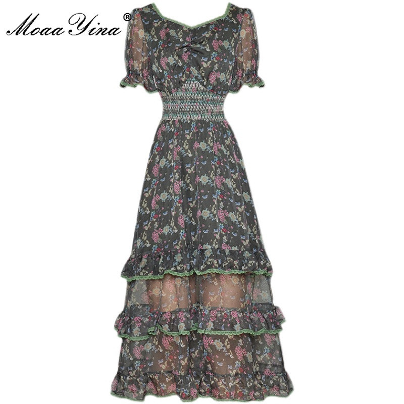

Fashion Designer dress Summer Women's Dress V-neck Short sleeve Floral print Mesh Splicing Chiffon Vintage Midi 210524, Green