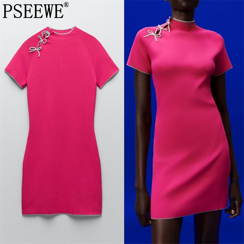 

Dress Woman Rose Red Knitted Short Women Bow Sleeve Mini Summer es Chinese Style Slim Elegant es 210519