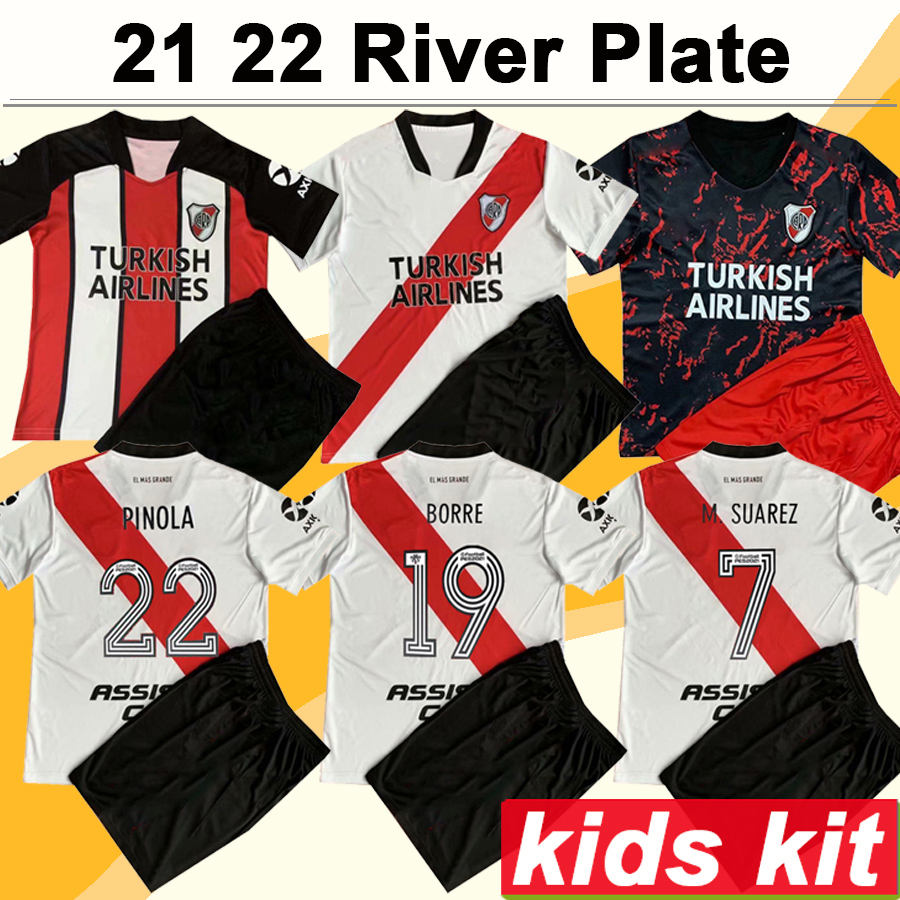 

21 22 River Plate Kids Kit Soccer Jersey J. ALVAREZ BORRE PINOLA PONZIO PEREZ Home Away 3rd White Black Football Shirt Child Short Sleeve Uniforms