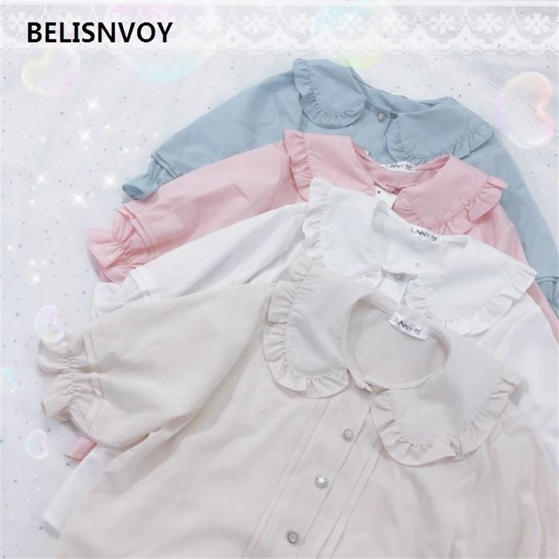 

Japanese Women Peter Pan Collar White Apricot 4 Colour Female Blusas Cute Kawaii Ruffles Girl's Top Lolita Style Blouse 210520, Blue