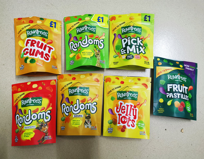 

rowntrees random gummies mylar bag 2022 latest edibles packaging smell proof airtight zipper resealable 3.5 g bags shaped OEM custom