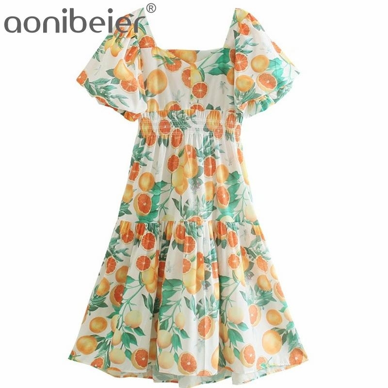 

Lemon Fruit Print Summer Women Ruffles Tiered Midi Dress Fashion Lantern Sleeve Elastic High Waist Casual Skater 210604, 01
