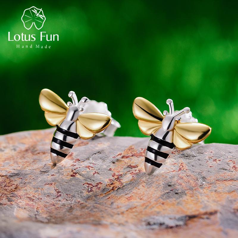 Stud Lotus Fun Real 925 Sterling Silver Earrings Designer Fine Jewelry Lovely 18K Gold Honey Bee For Women Gift Brincos-image-707594915