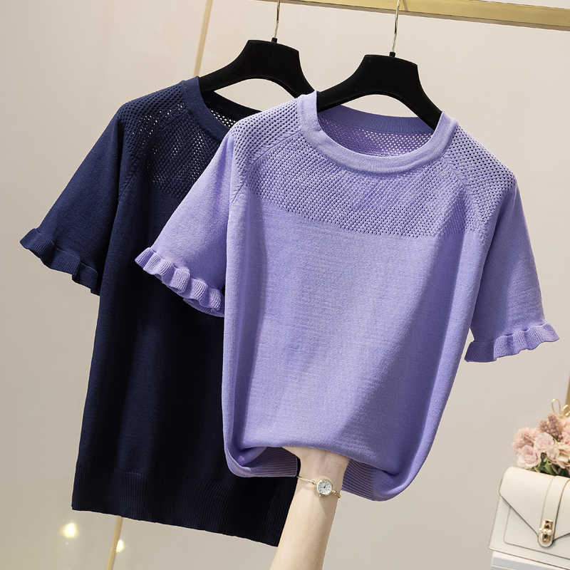 

plus size women basic thin sweater pullover short sleeve o neck sexy hollow out loose casual Summer Oversized sweaters 210604, Purple