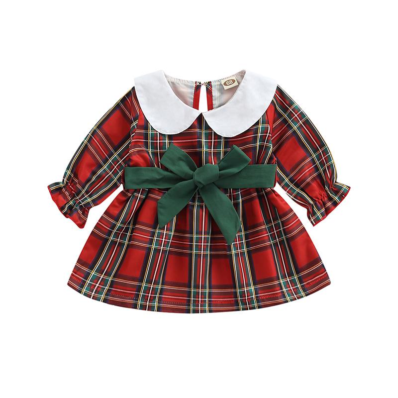 

Girl's Dresses Christmas Infant Baby Girl Plaid Dress, Waist Bow Contrast Lapel Collar Ruffle Cuff Fall Winter Long Sleeve Shirt Gown, Red;yellow