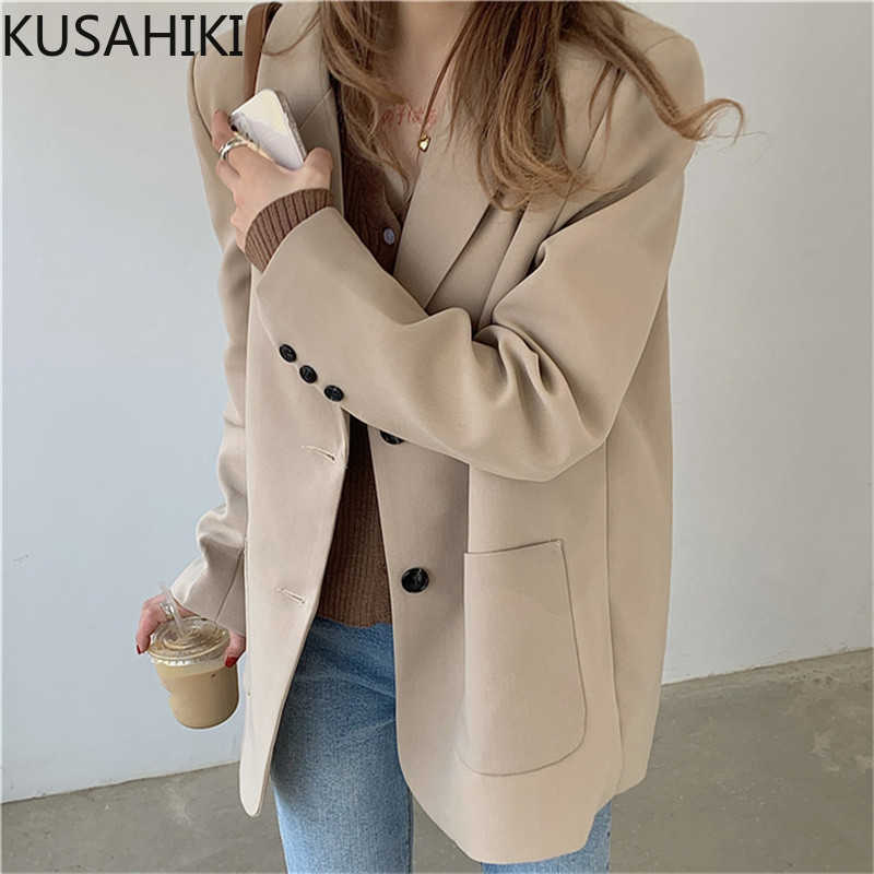 

KUSAHIKI Spring Korean Women Blazers Causal Long Sleeve Notched Collar Suit Jacket Fashion Loose Femme Blazer Coat 6F005 210602, Black