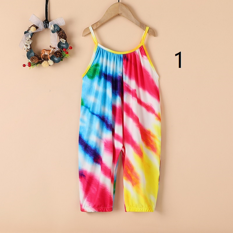 

Vieeoease Girls Jumpsuits 2021 Summer Fashion Graffiti Design Abstract Pattern Tie Dyed Straps Kids Pants CC-856, Blue