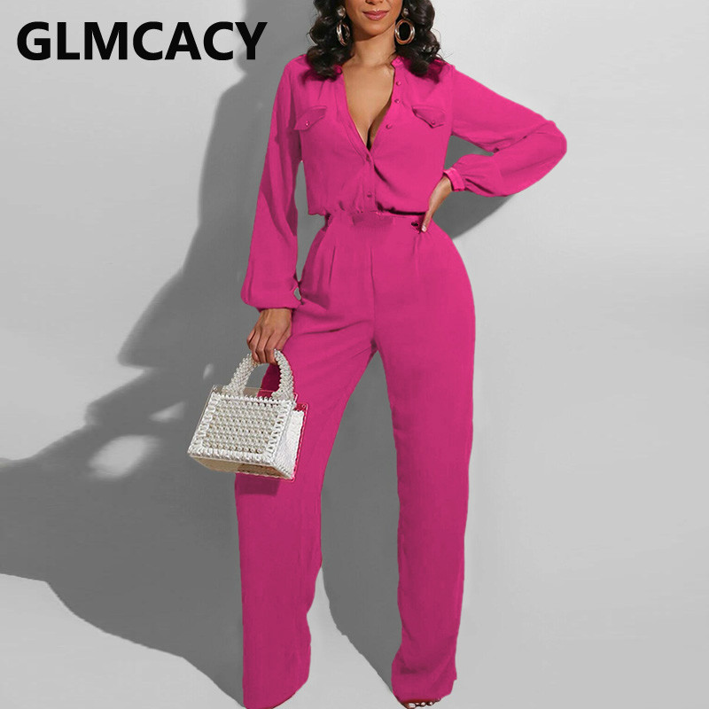 

Women Long Sleeve Button-down Jumpsuits Regular Elegant Solid Jumpsuit Overalls, Black