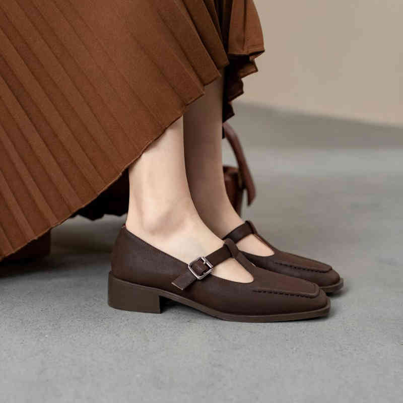 

Sandals Coffee single shoes women's spring British WindNet red buckle thick heel medium slim U9YT, Black