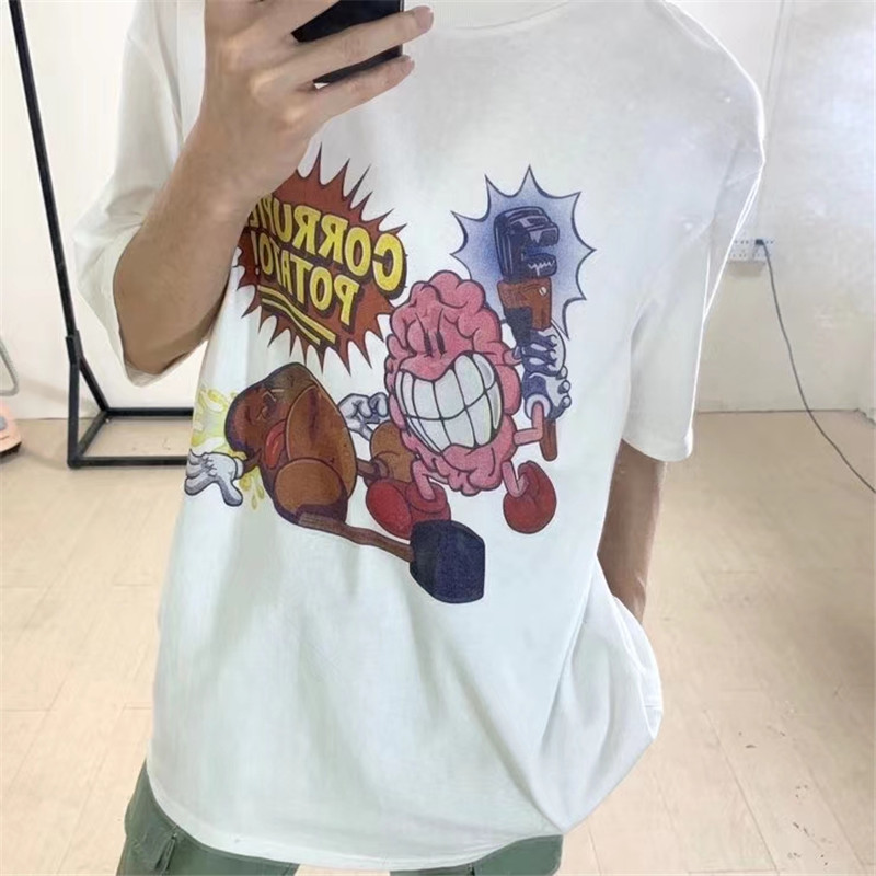 

Cartoon Print T Shirt Women Men High Quality Summer Style Top Tees, White;black