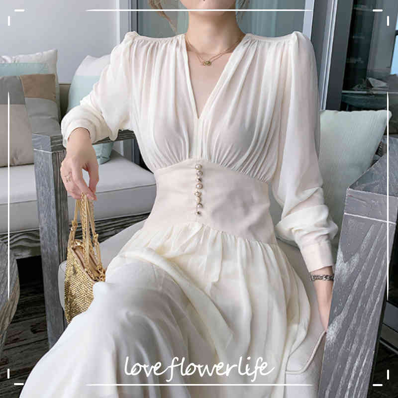 

Elegant Dress Women Solid Long Sleeve Fairy Party Dress Office Lady Sexy V-Neck Loose Midi Dress Spring Clothing Female 210521, Apricot