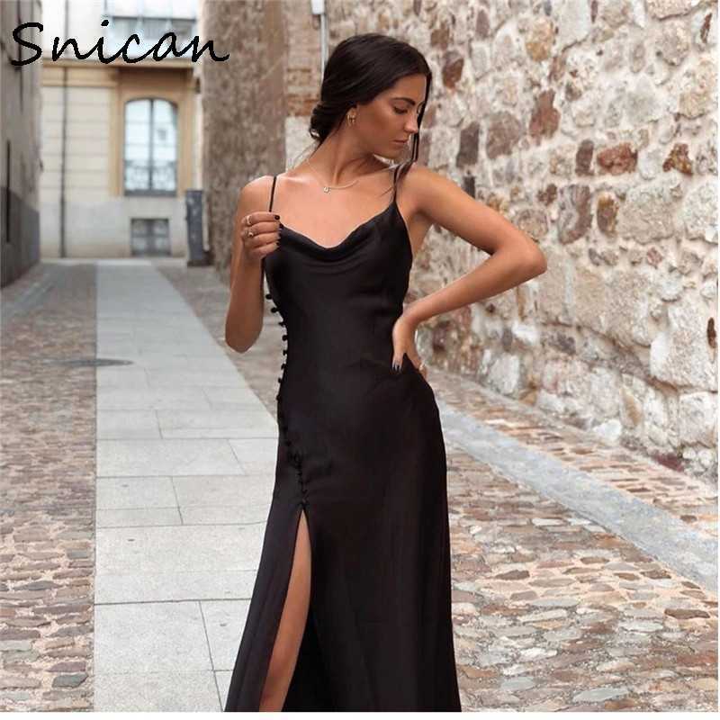 

Snican black button up sexy party club high slit dress suspender strap sphagetti split midi za women femme robe 210608, Brown