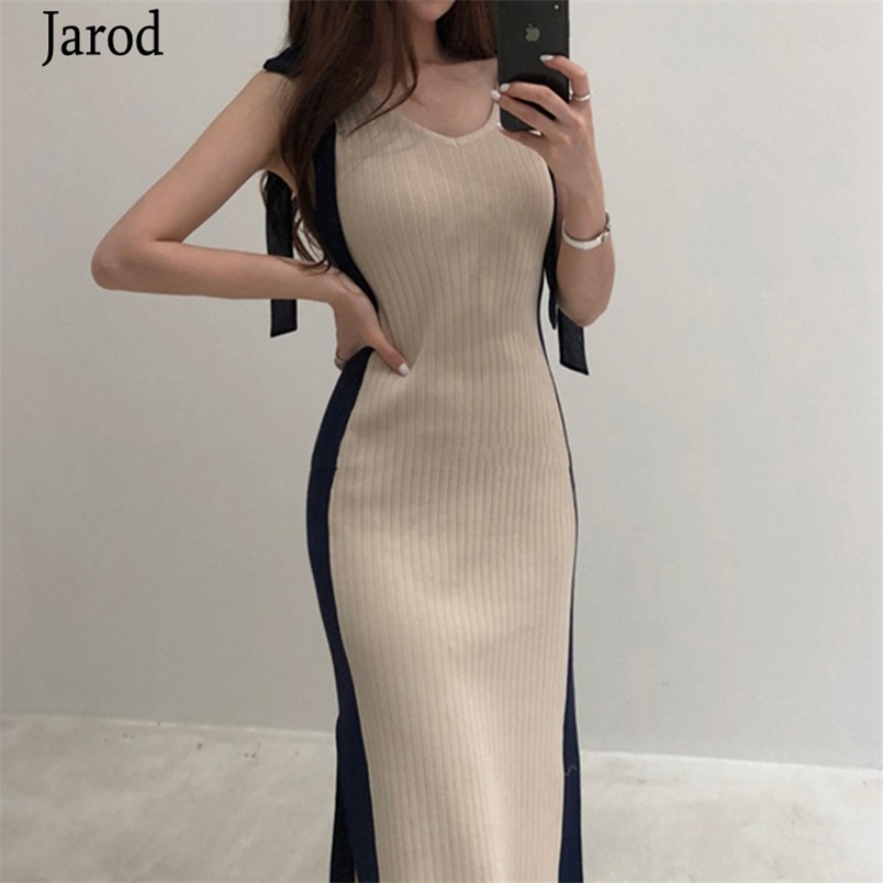 

Summer Women Sexy V Neck Bodycon Knitted Dress Sleeveless Hit Color Bow Fashion Split Sweater Chic Vestidos 210519, Photo color