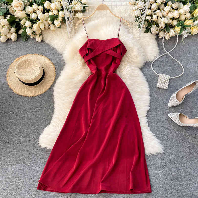 

Spring Summer Women's Chic Solid Dress Spaghetti Strap Slash Neck Casual Backless Vintage Sexy Ladies 210520, Dark green