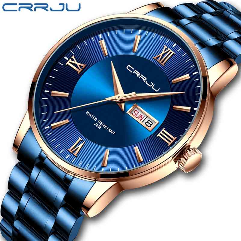 

relogio masculino CRRJU Mens Watch Stainless Steel Fashion WristWatch for Men Luxury waterproof Date Blue Gift Quartz watches 210517, Silver blue