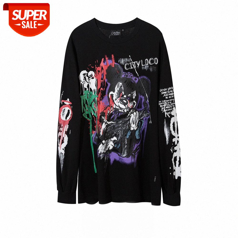 

Graffiti printed long-sleeved T-shirt men's street flow loose round neck top lazy style pullover bottoming shirt #TL05, White;black